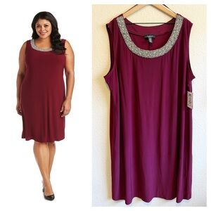 R&M Richards Wine Dress with Silver Beaded Neckline- size 22W- NTW